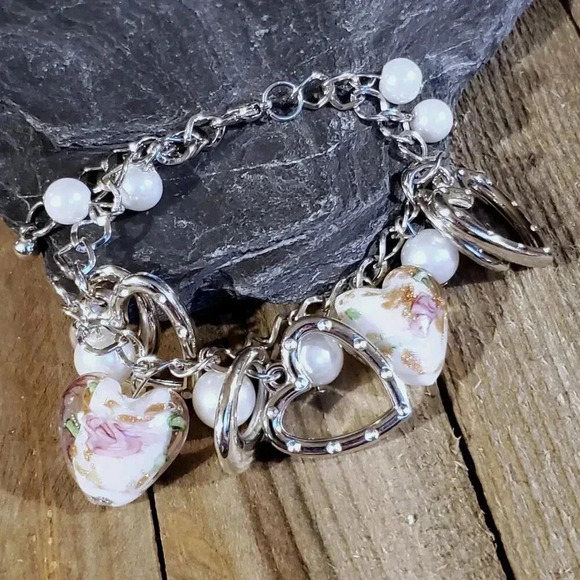 Vintage Murano Glass Beads White Silver Charm Bracelet Style G - Picture 4 of 5